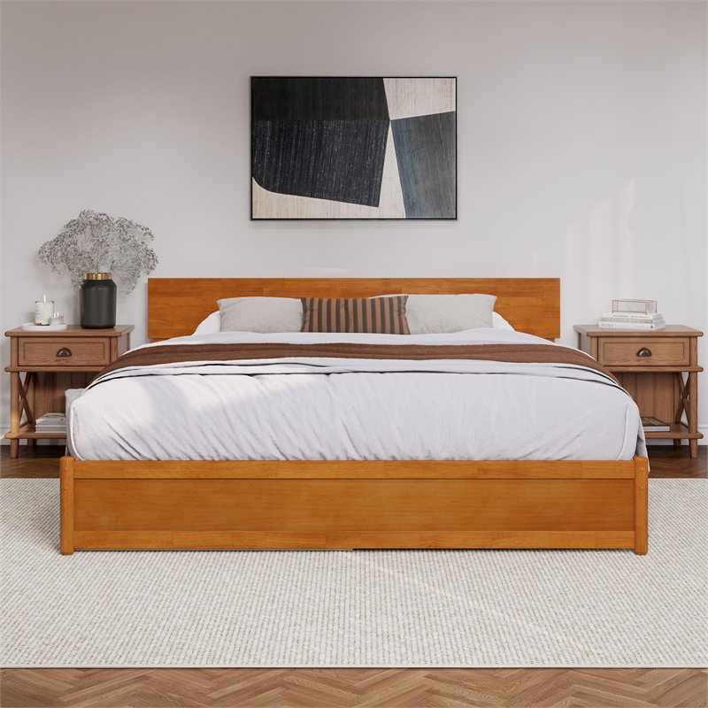 Wesley King Wood Platform Bed with Panel Footboard & TXL Trundle in Light Toffee