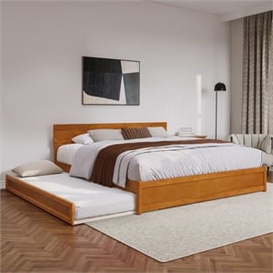 Wesley King Wood Platform Bed with Panel Footboard & TXL Trundle in Light Toffee