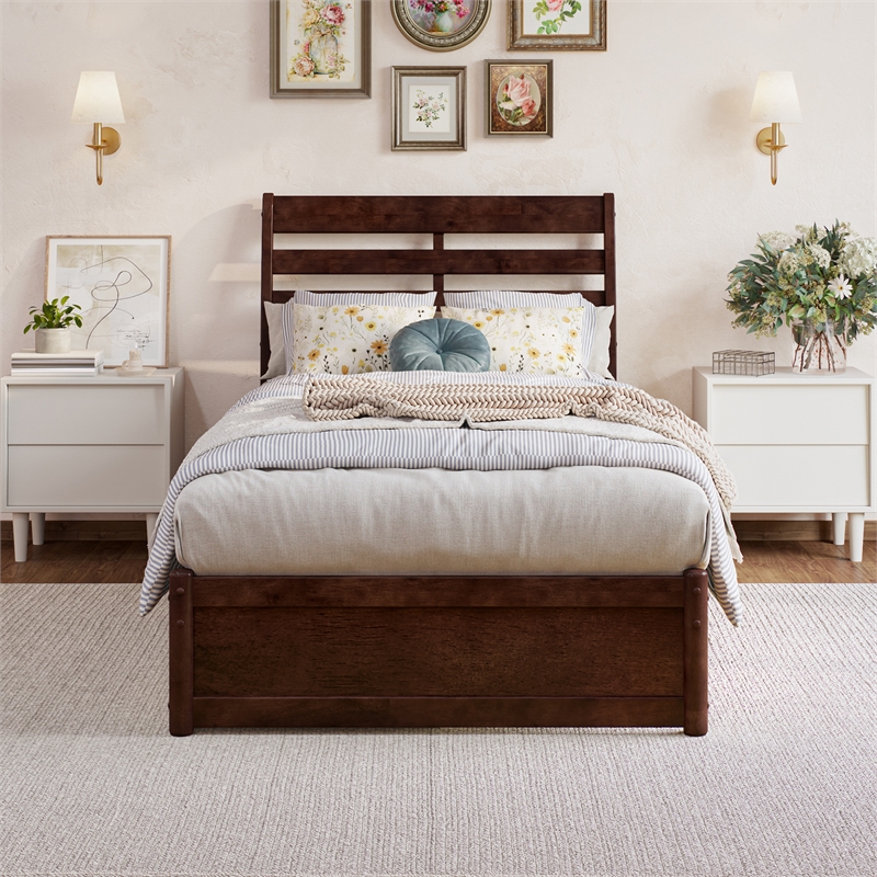 Emelie Twin XL Wood Platform Bed with Panel Footboard & Drawers in Walnut