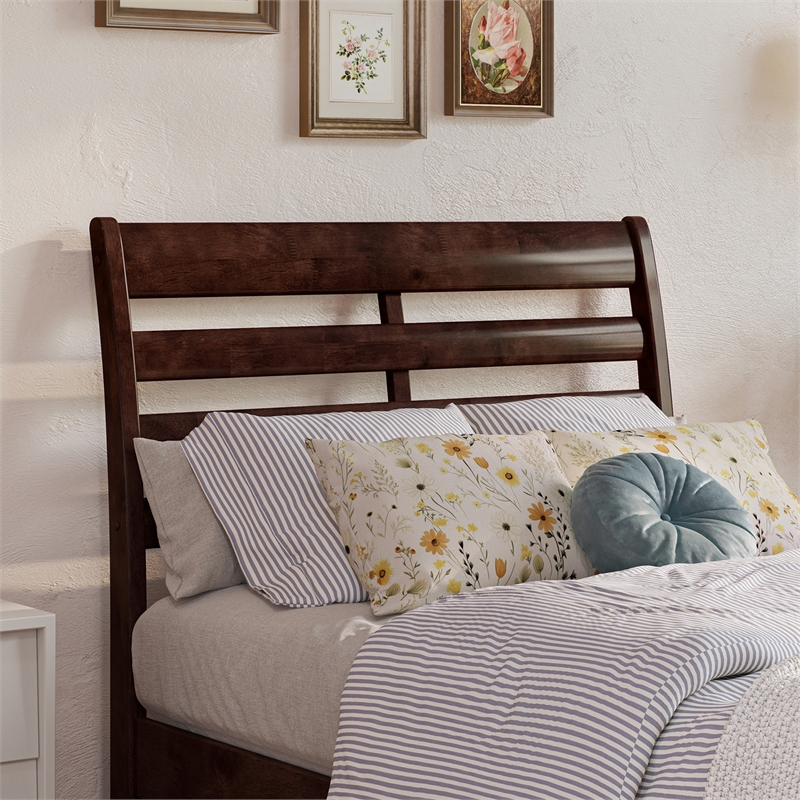 Emelie Twin XL Wood Platform Bed with Panel Footboard & Drawers in Walnut