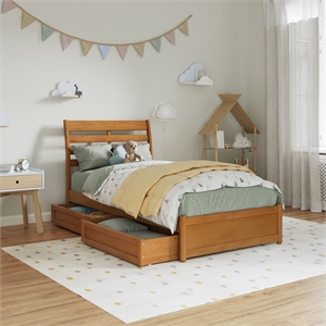 Emelie Twin Wood Platform Bed with Panel Footboard & Drawers in Light Toffee