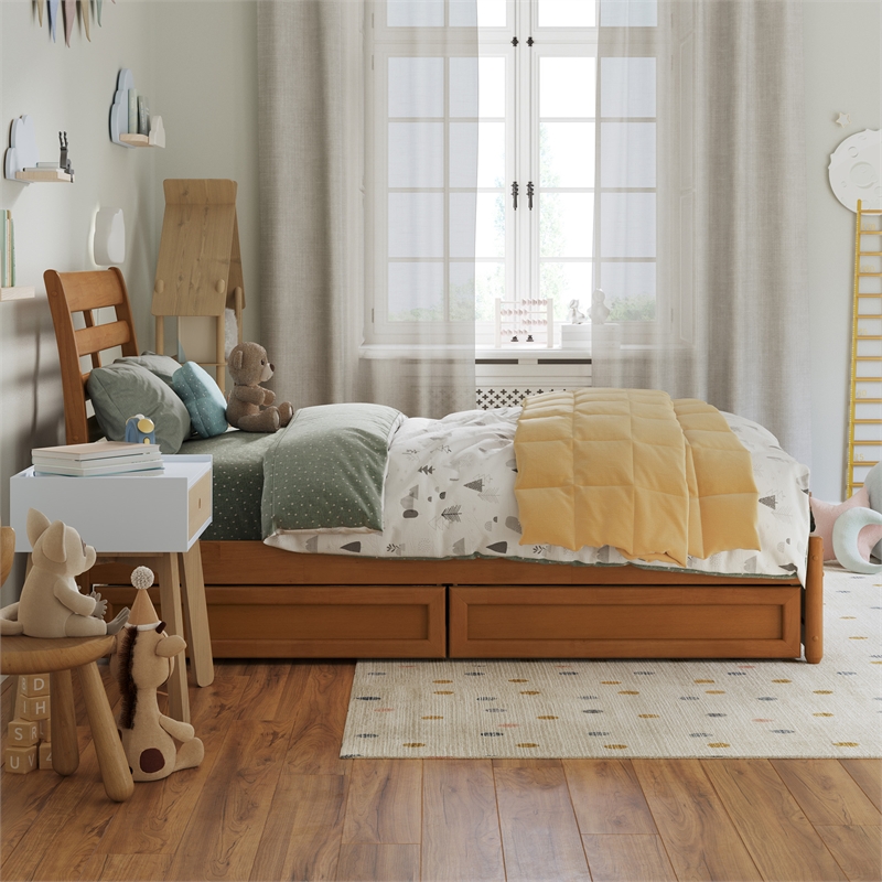 Emelie Twin Wood Platform Bed with Panel Footboard & Drawers in Light Toffee