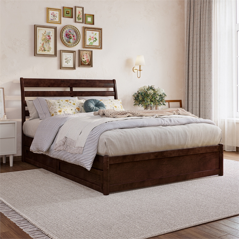 Emelie Full Wood Platform Bed with Panel Footboard and Storage Drawers in Walnut