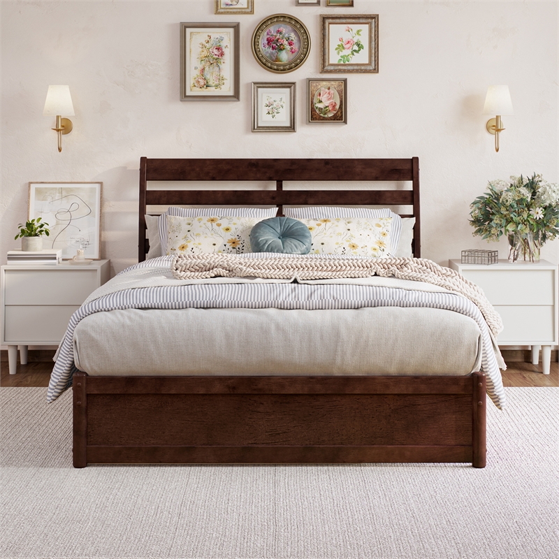 Emelie Full Wood Platform Bed with Panel Footboard and Storage Drawers in Walnut