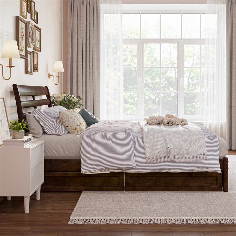 Emelie Full Wood Platform Bed with Panel Footboard and Storage Drawers in Walnut
