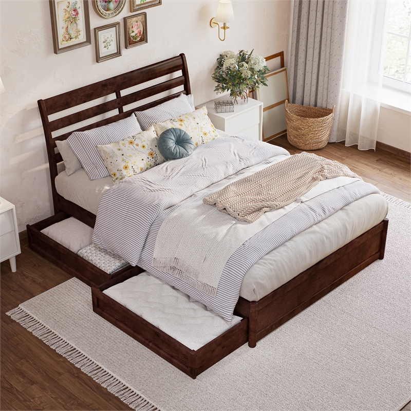 Emelie Full Wood Platform Bed with Panel Footboard and Storage Drawers in Walnut