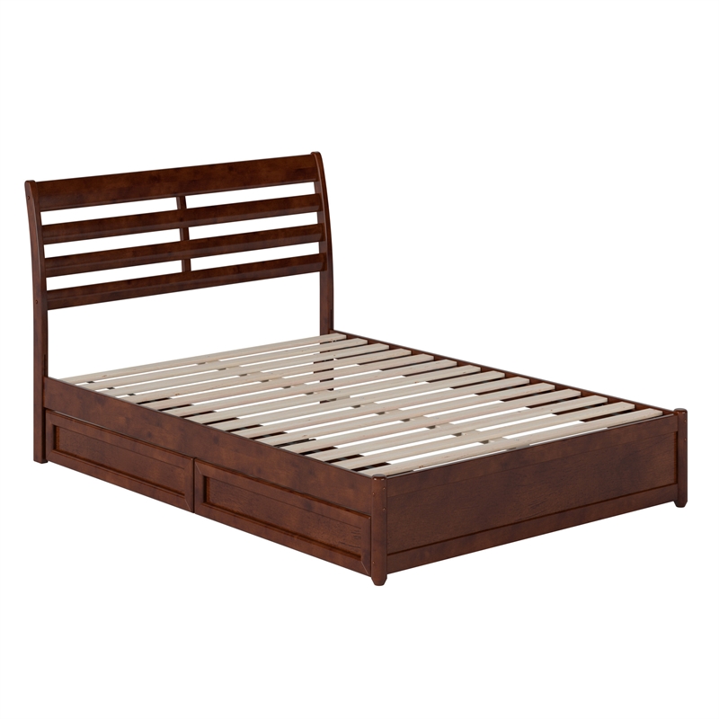 Emelie Full Wood Platform Bed with Panel Footboard and Storage Drawers in Walnut