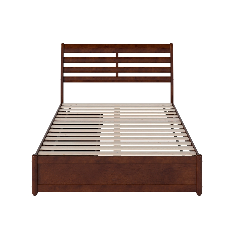 Emelie Full Wood Platform Bed with Panel Footboard and Storage Drawers in Walnut