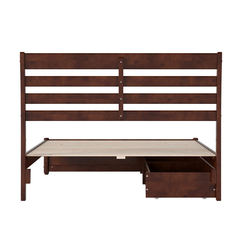 Emelie Full Wood Platform Bed with Panel Footboard and Storage Drawers in Walnut