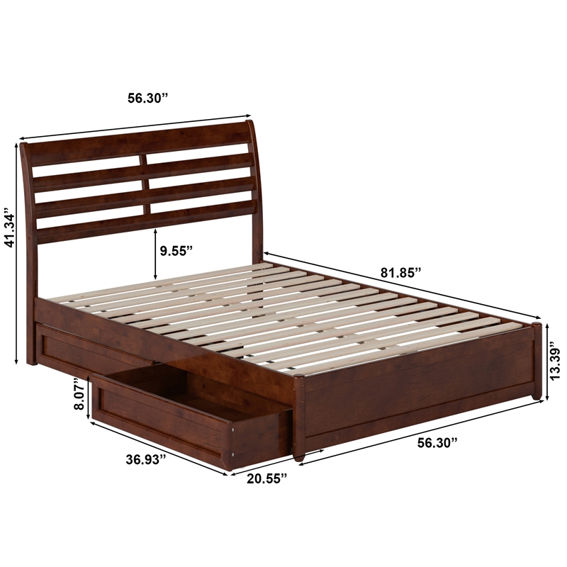 Emelie Full Wood Platform Bed with Panel Footboard and Storage Drawers in Walnut