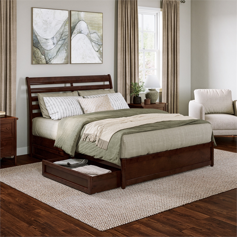 Emelie Queen Wood Platform Bed with Panel Footboard & Storage Drawers in Walnut