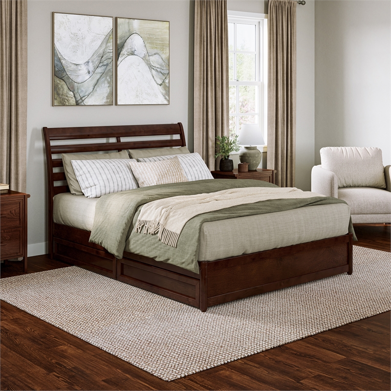 Emelie Queen Wood Platform Bed with Panel Footboard & Storage Drawers in Walnut