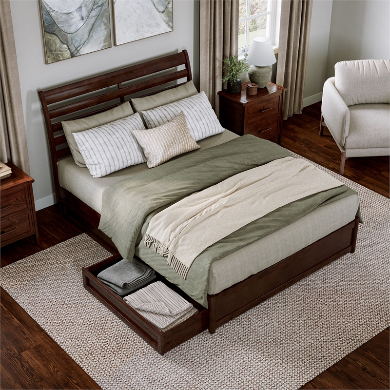 Emelie Queen Wood Platform Bed with Panel Footboard & Storage Drawers in Walnut