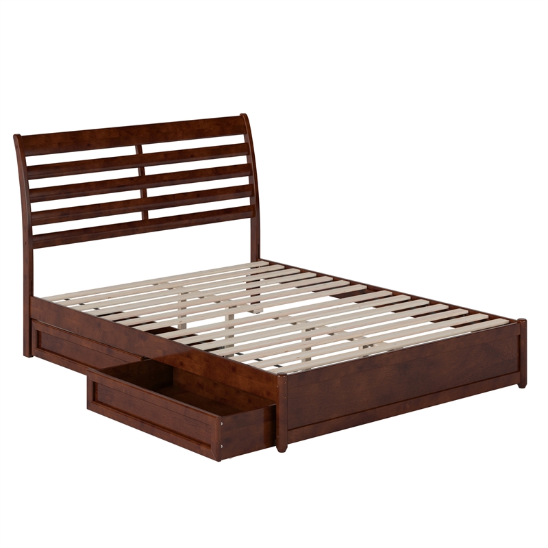 Emelie Queen Wood Platform Bed with Panel Footboard & Storage Drawers in Walnut