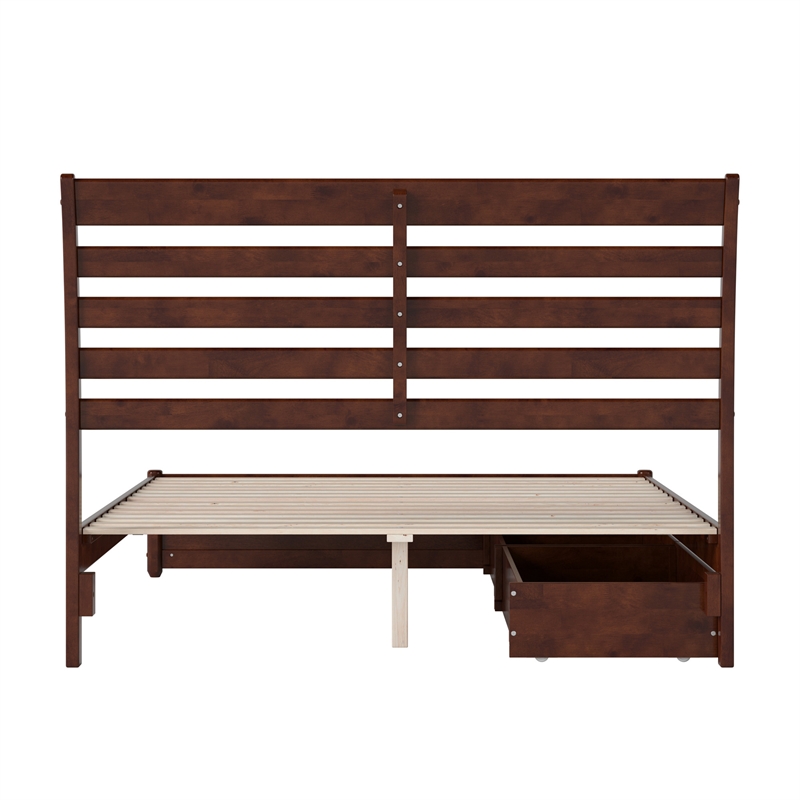 Emelie Queen Wood Platform Bed with Panel Footboard & Storage Drawers in Walnut