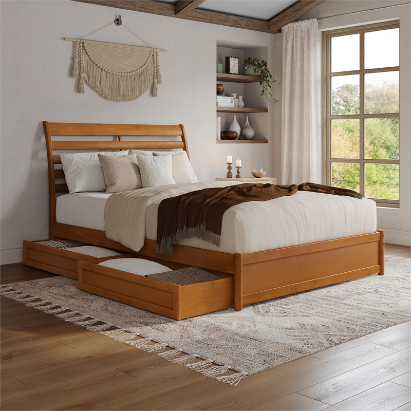 Emelie Queen Wood Platform Bed with Panel Footboard & Drawers in Light Toffee