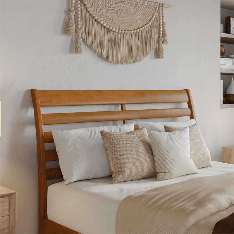 Emelie Queen Wood Platform Bed with Panel Footboard & Drawers in Light Toffee