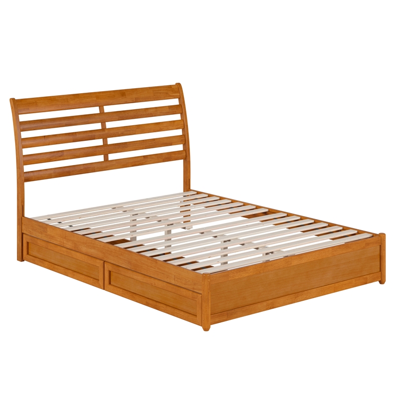 Emelie Queen Wood Platform Bed with Panel Footboard & Drawers in Light Toffee
