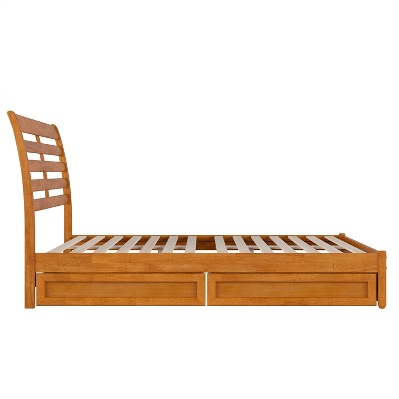 Emelie Queen Wood Platform Bed with Panel Footboard & Drawers in Light Toffee