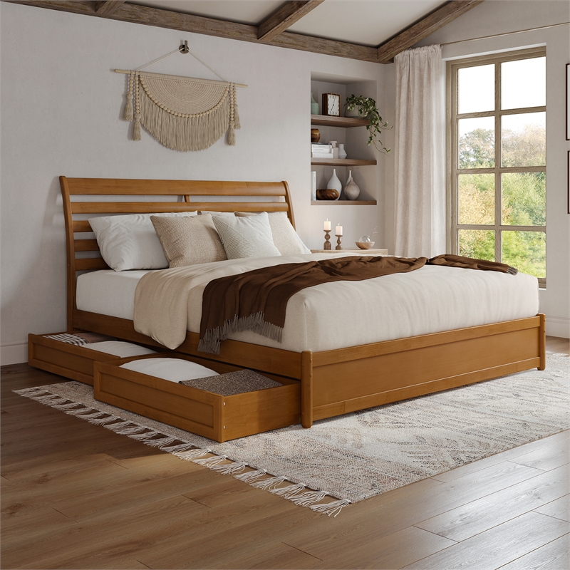 Emelie King Wood Platform Bed with Panel Footboard & Drawers in Light Toffee