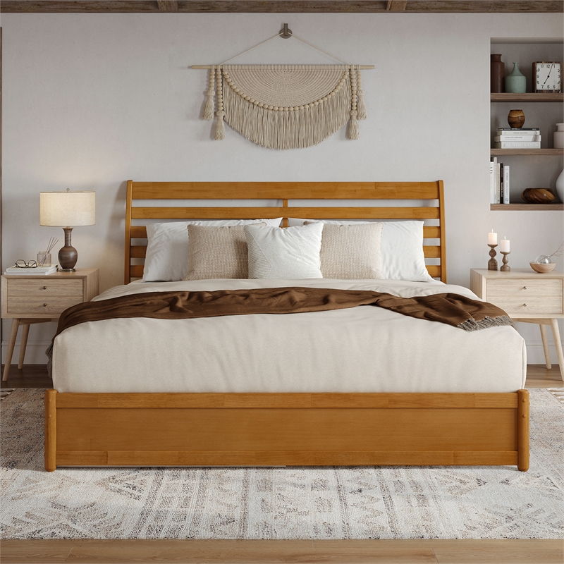 Emelie King Wood Platform Bed with Panel Footboard & Drawers in Light Toffee
