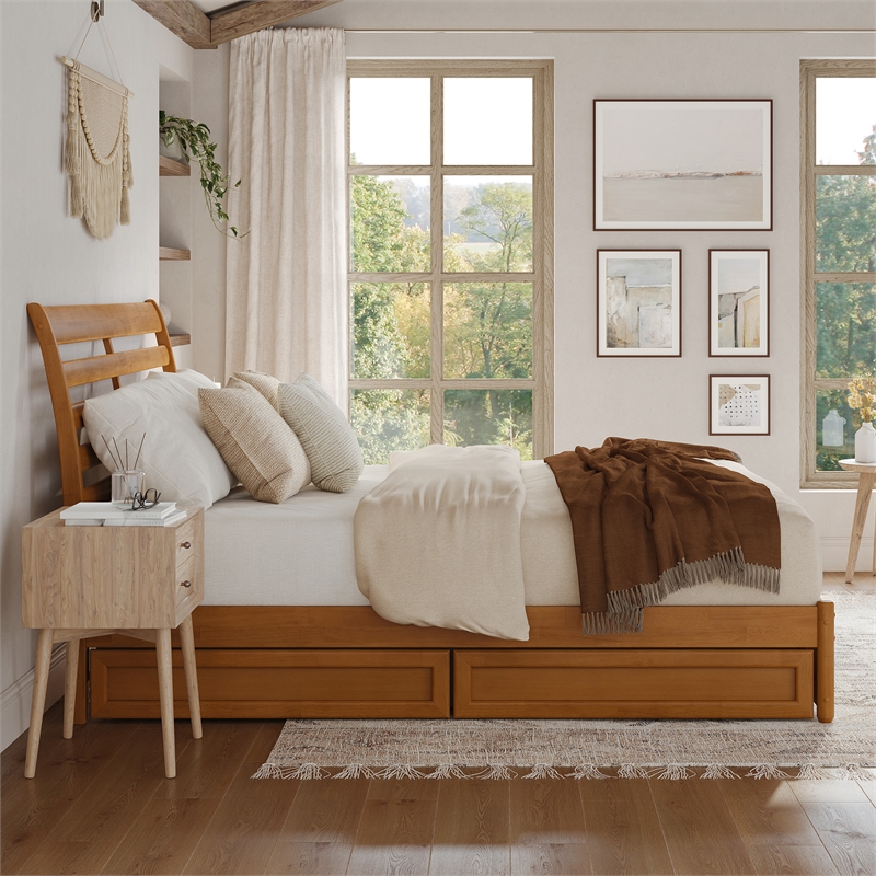 Emelie King Wood Platform Bed with Panel Footboard & Drawers in Light Toffee