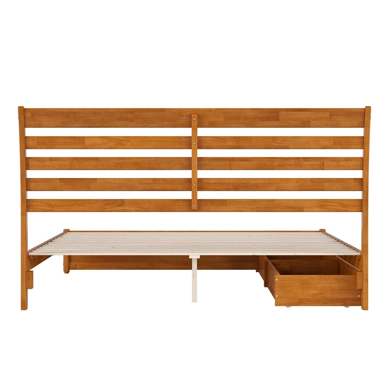 Emelie King Wood Platform Bed with Panel Footboard & Drawers in Light Toffee