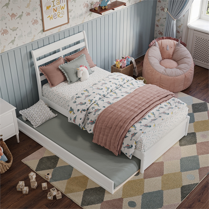 Emelie Twin Wood Platform Bed with Panel Footboard and Twin Trundle in White