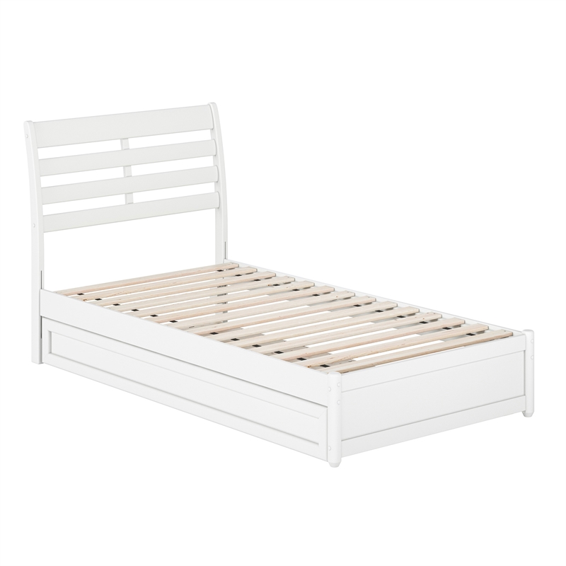 Emelie Twin Wood Platform Bed with Panel Footboard and Twin Trundle in White