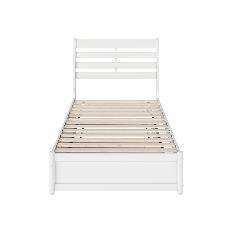 Emelie Twin Wood Platform Bed with Panel Footboard and Twin Trundle in White