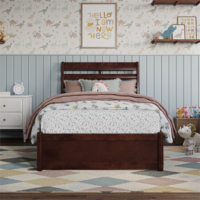 Emelie Twin Wood Platform Bed with Panel Footboard and Twin Trundle in Walnut