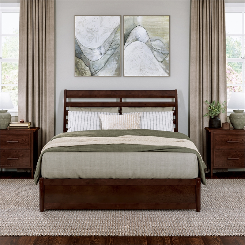 Emelie Queen Wood Platform Bed with Panel Footboard & Twin XL Trundle in Walnut