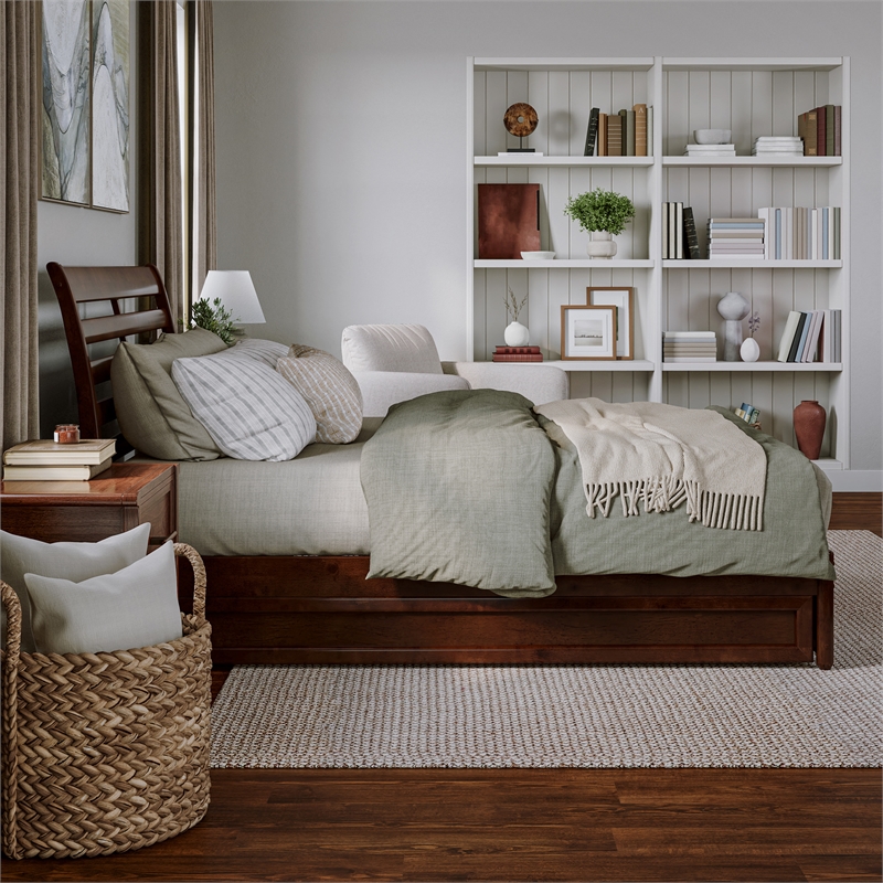 Emelie Queen Wood Platform Bed with Panel Footboard & Twin XL Trundle in Walnut