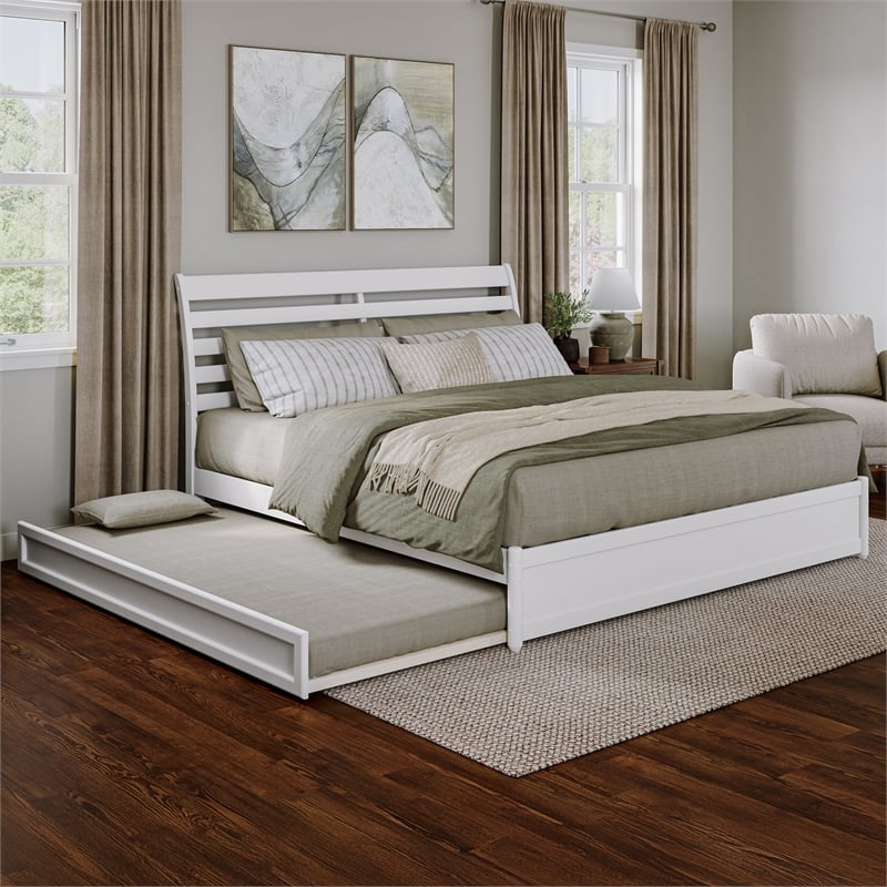 Emelie King Wood Platform Bed with Panel Footboard and Twin XL Trundle in White
