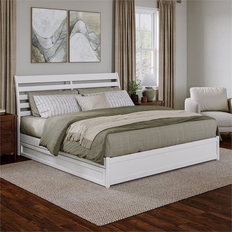 Emelie King Wood Platform Bed with Panel Footboard and Twin XL Trundle in White