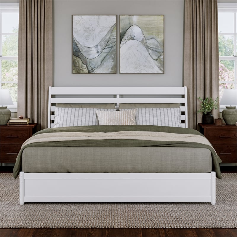 Emelie King Wood Platform Bed with Panel Footboard and Twin XL Trundle in White