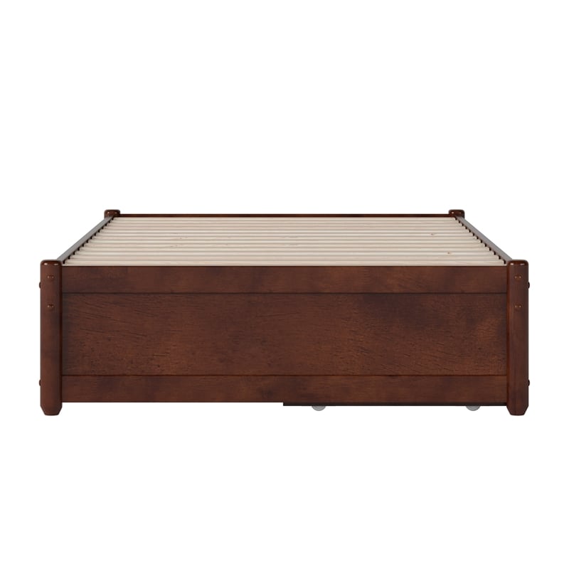 Barcelona Twin XL Solid Wood Panel Platform Bed with Storage Drawers in Walnut