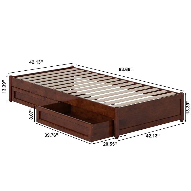 Barcelona Twin XL Solid Wood Panel Platform Bed with Storage Drawers in Walnut