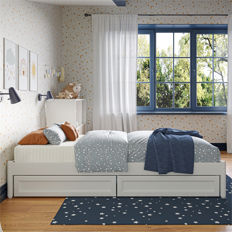 Barcelona Twin Panel Platform Bed with 2 Storage Drawers in White