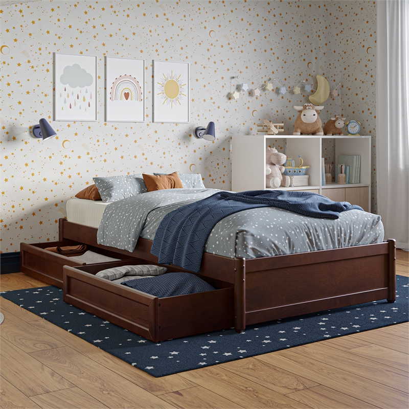 Barcelona Twin Panel Platform Bed with 2 Storage Drawers in Walnut