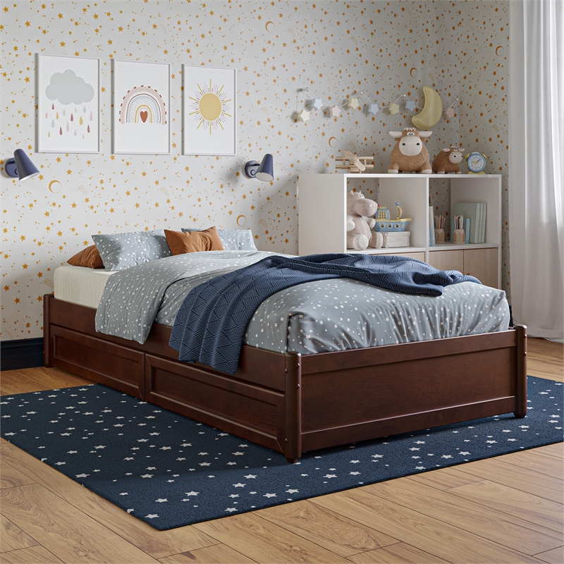 Barcelona Twin Panel Platform Bed with 2 Storage Drawers in Walnut
