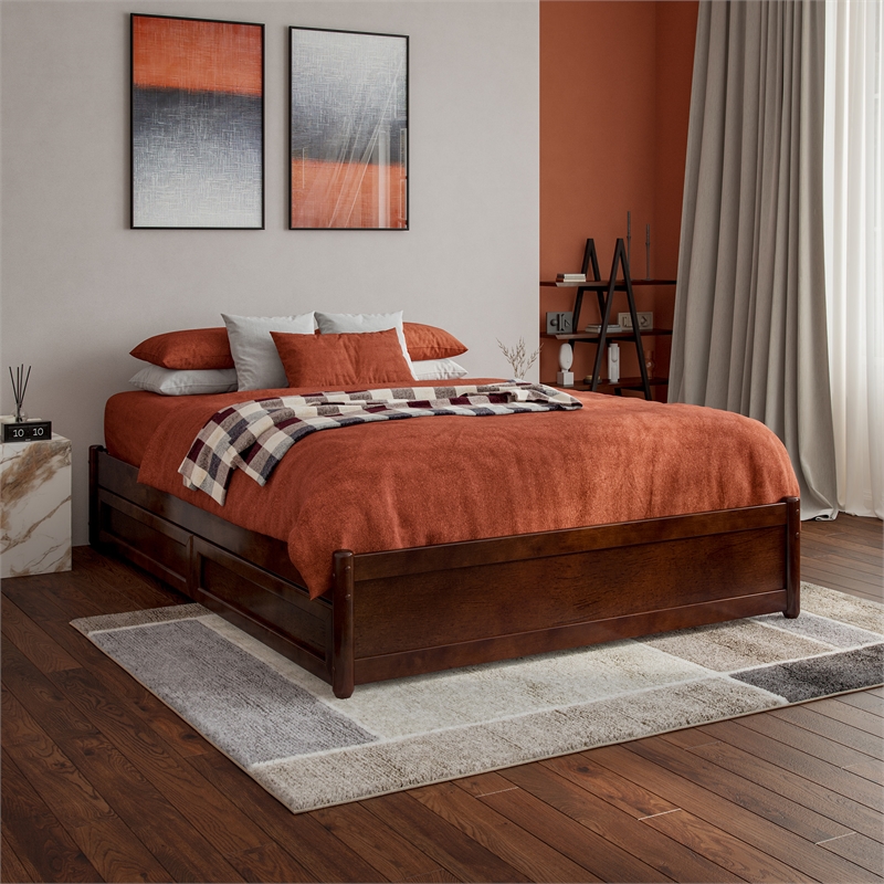 Barcelona Full Panel Platform Bed with 2 Storage Drawers in Walnut