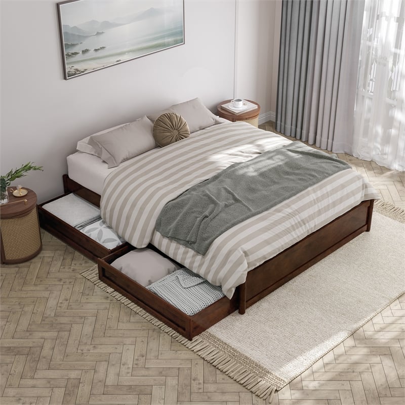 Barcelona Queen Panel Platform Bed with 2 Storage Drawers in Walnut