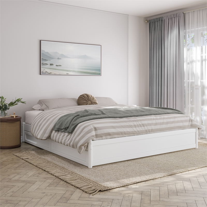 Barcelona King Panel Platform Bed with 2 Storage Drawers in White