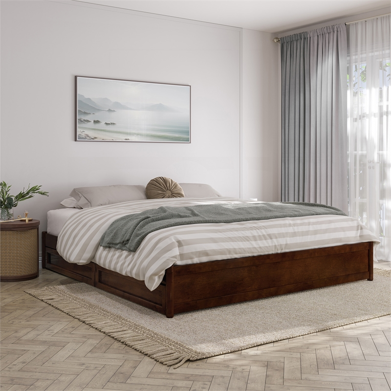 Barcelona King Panel Platform Bed with 2 Storage Drawers in Walnut