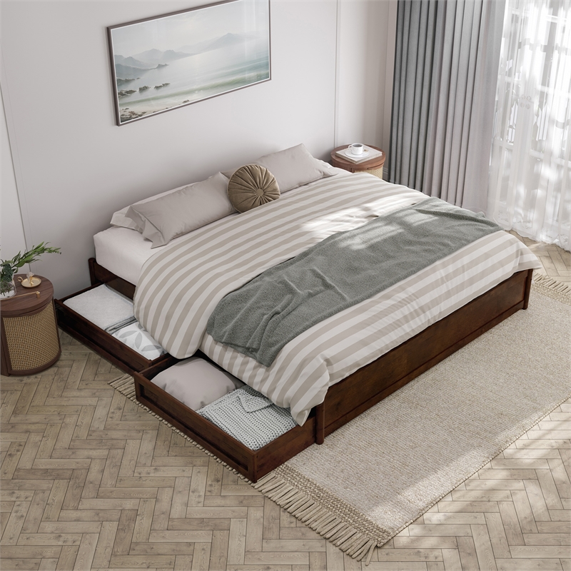 Barcelona King Panel Platform Bed with 2 Storage Drawers in Walnut