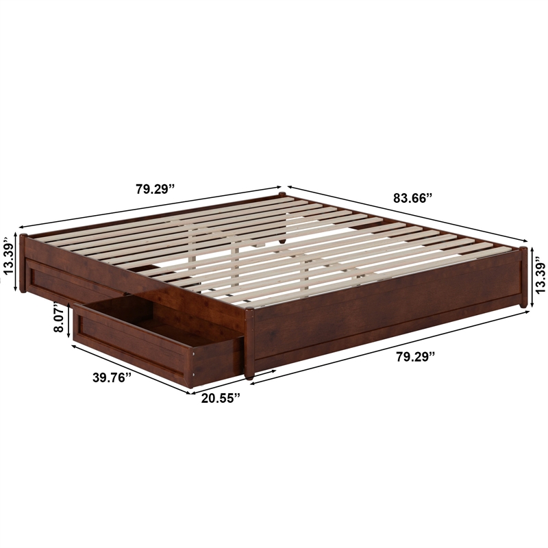 Barcelona King Panel Platform Bed with 2 Storage Drawers in Walnut