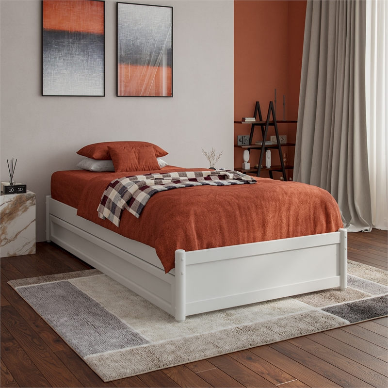 Barcelona Twin XL Solid Wood Panel Platform Bed with Twin XL Trundle in White