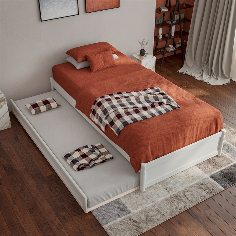 Barcelona Twin XL Solid Wood Panel Platform Bed with Twin XL Trundle in White