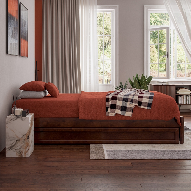 Barcelona Twin XL Solid Wood Panel Platform Bed with Twin XL Trundle in Walnut